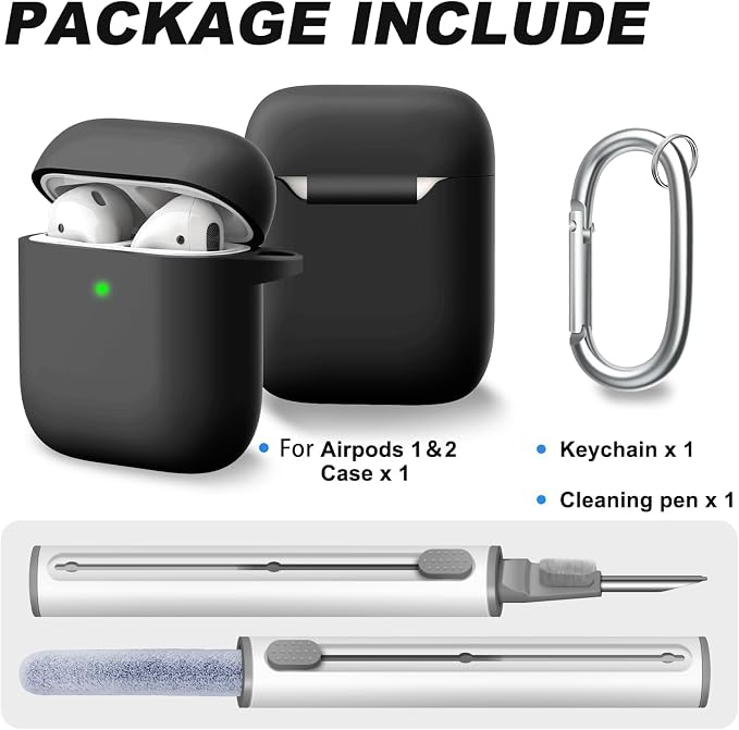 for AirPods 1/2 Case Cover,Come with Cleaner Kit,Soft Skin Silicone Case Cover with Keychain, Full Protective Case for Men and Women, Compatible with AirPods 2nd 1st Generation Case,Black