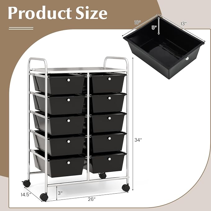 COSTWAY 10 Drawer Rolling Storage Cart, Utility Cart with Lockable Wheels | Mobile Art Supply Craft Organizer with Metal Frame, Multipurpose Drawer Cart for Paper for Office, School, Black