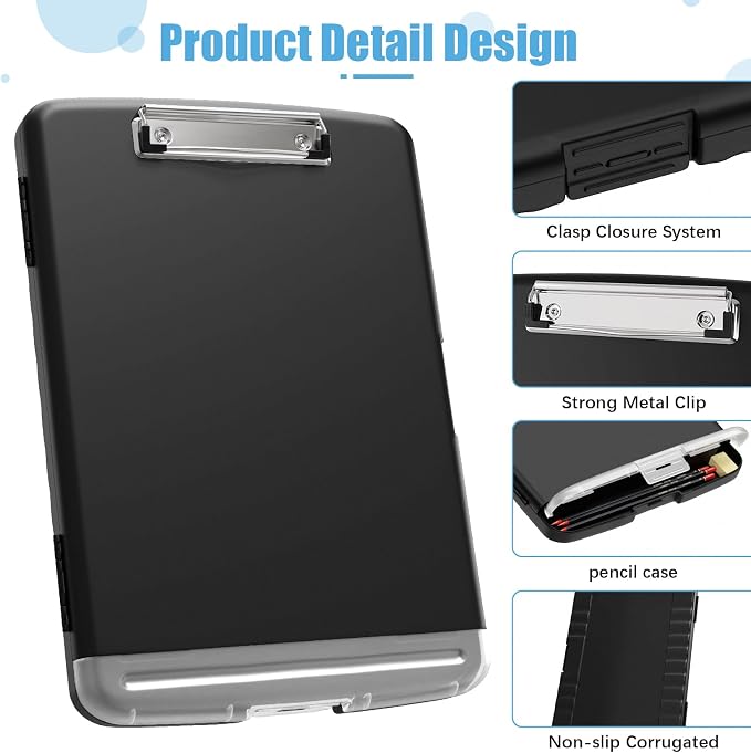Hongri Clipboard with Storage with Pencil Case, 8.5 x 11 Storage Clip Board | High Capacity Organization Box for A4 Letter Legal Paper, Heavy Duty Folio & Side-Opening for Nurses, Teachers, Black