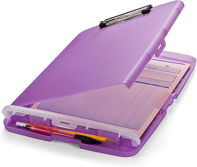 Officemate Slim Clipboard with Storage, 10 x 14.5-Inches Plastic Document Organizer with Compartment and Pen Holder, Translucent Purple