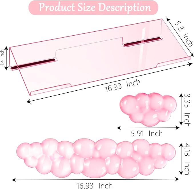 Acrylic Computer Keyboard Stand with Gel Cloud Wrist Rest Keyboard Riser with Comfortable Clear Silicone Mouse Wrist Pad Ergonomic Tilted Transparent Keyboard Holder for Desktop Office Hot Pink