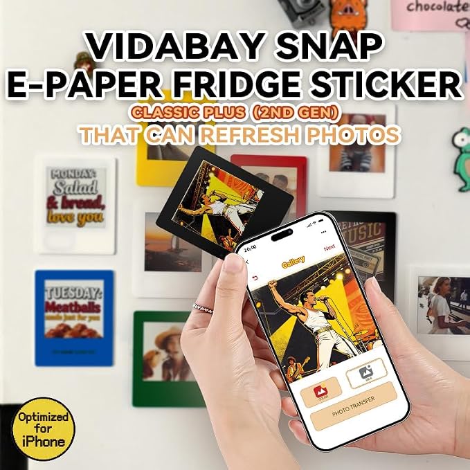 E-Paper Fridge Magnet Classic Plus, E-Ink Battery-Free Instant Photo Style Display, Wireless NFC Picture Frame, Phone-Controlled Acrylic Memo Board for Party/Travel/Home & Gifts, Compatible iPhone 13 and Newer (Black)