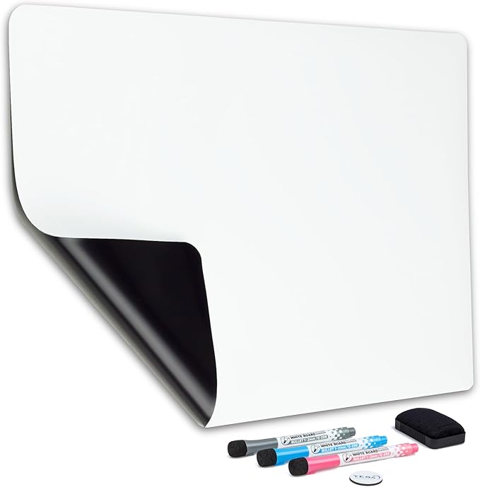 19x13” Magnetic Dry Erase White Board for Fridge w/ 3 Markers & Eraser | Yes4Quality Stain-Resistant Whiteboard Planner Organizer Sheet, Sticks to Most Refrigerators, Colorful Markers, Magnet Eraser