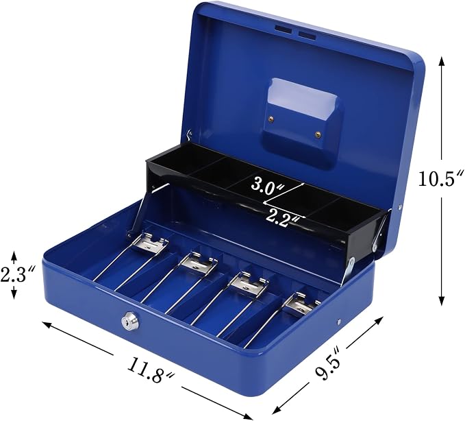 xydled Metal Cash Box, Cash Box with Money Tray and Key Lock, Storage Box, Blue,4 Bill / 5 Coin Slots,11.8" x 9.5" x 3.5",Blue