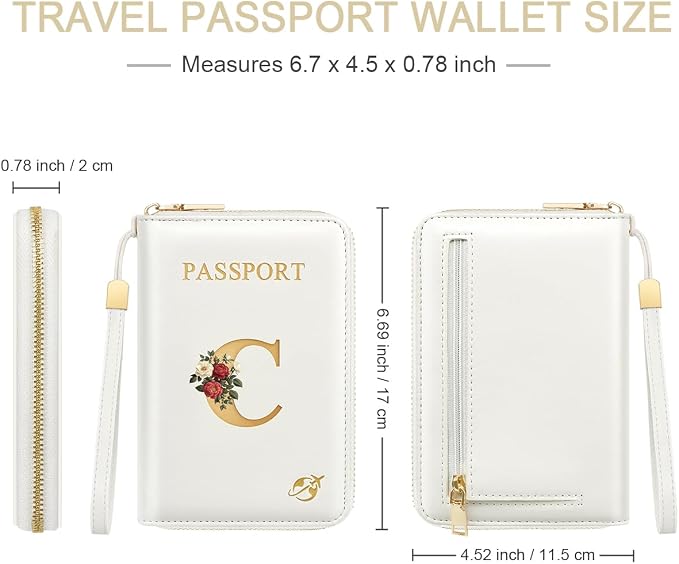 Passport Holder for Travel Personalized Wallet with Wristlet Women | All-in-One Passport Cover, RFID Blocking, Back Coin Pocket, Paper Money Slot, Zipper Closure, Roses Initial Letter, White C