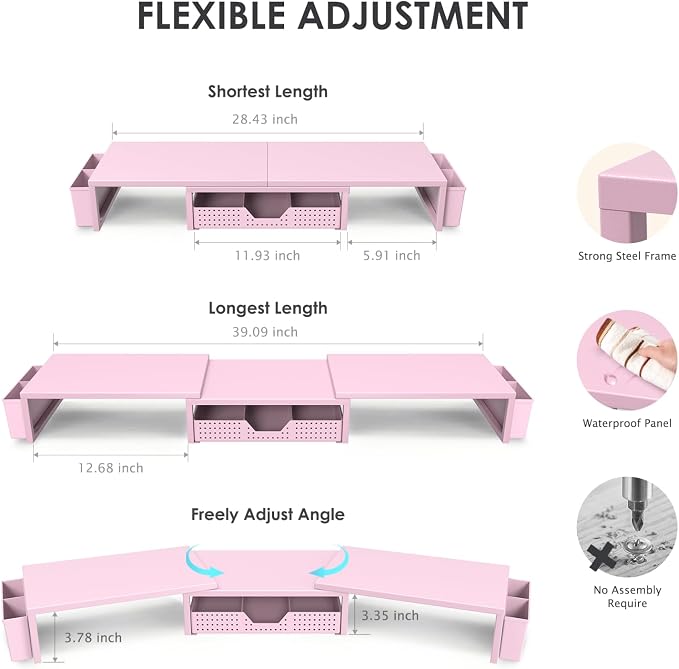 Desk Organizers and Accessories, Dual Monitor Stand Riser with Drawer and 2 Pen Holders, Desk Shelf Computer Racks for Office Workspace Organizers, Desktop Organization (Pink)