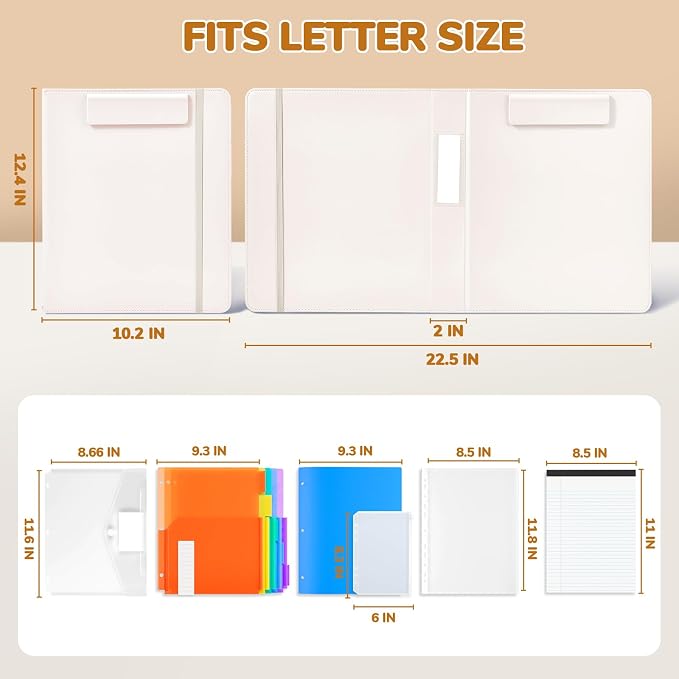 JoyCat 3 Ring Binder Clipboard with Storage, 5 Folders, Beige | 3 ring clipboard portfolio combines five expandable folders, a refillable letter-size notepad and storage