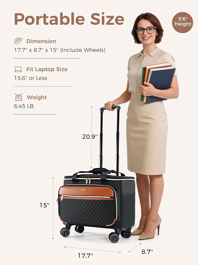 Rolling Teacher Bag with 4-Wheels 360° Spinner, Hardside Large | Laptop Rolling Briefcase for Women Teacher Office Craft Nurse, Roller Tote Work Bag with Accordion File, V-Quilt Black Brown