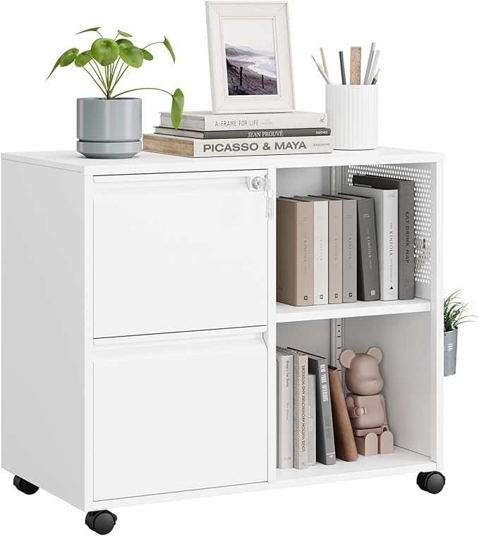 MIIIKO 2 Drawer File Cabinet with Lock, Metal Rolling Printer Stand Filing Cabinets with Drawers for Home Office,A4, Letter Size File Folders(White)