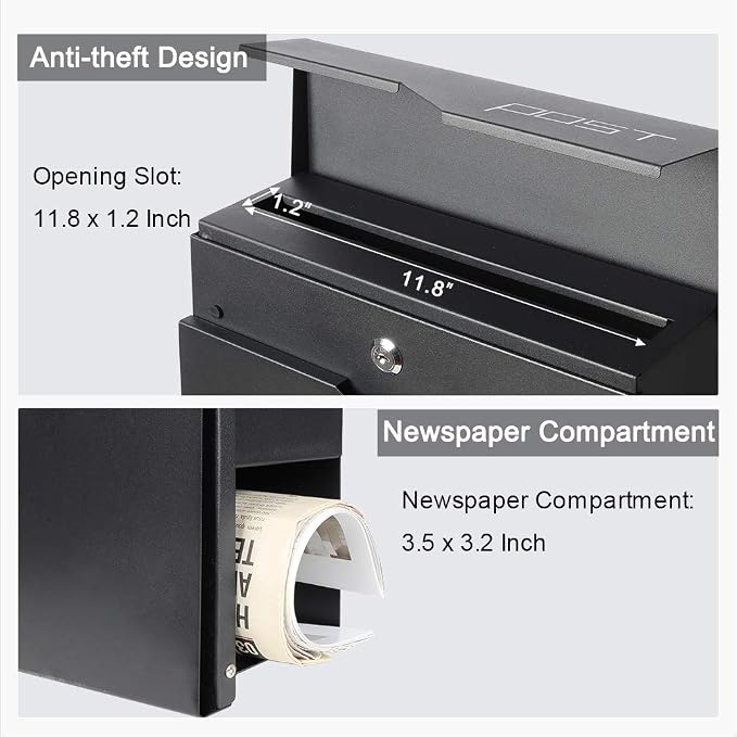 Jssmst Locking Mailbox Wall Mount- Waterproof mailboxes with Secure Key Lock and Newspaper Compartment, Key Lock Drop Box Extra Large Capacity, 12.9 x 4.1 x 14.2 Inch, SM-HPB938 Black New