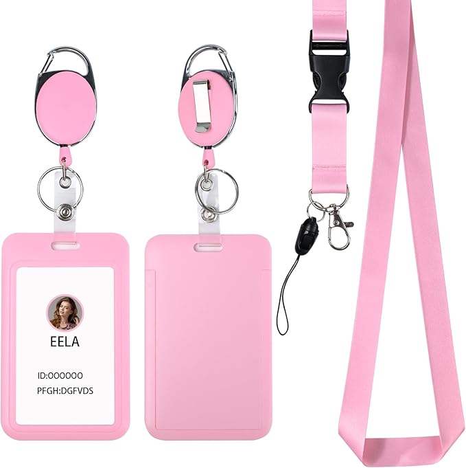 Pink ID Badge Holder with Lanyard, Retractable Badge Holders Reels and Lanyards Release Buckle, for Women Kids Office Nurses Teacher Doctor Student