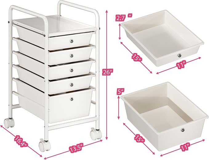 Rolling Storage Cart with Drawers 5-Tier Lock Wheels Office White | Utility Cart with 5 Drawers & 2 Lockable Caster, Multipurpose Mobile Drawer Cart for School Bathroom Kitchen
