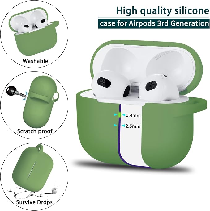 Compatible with AirPod 3 Case Cover, Silicone Protective Accessories Skin with Keychain Compatible with Apple AirPod 3rd Generation 2021 for Women Men Girls Boys,Front LED Visible,Grass Green