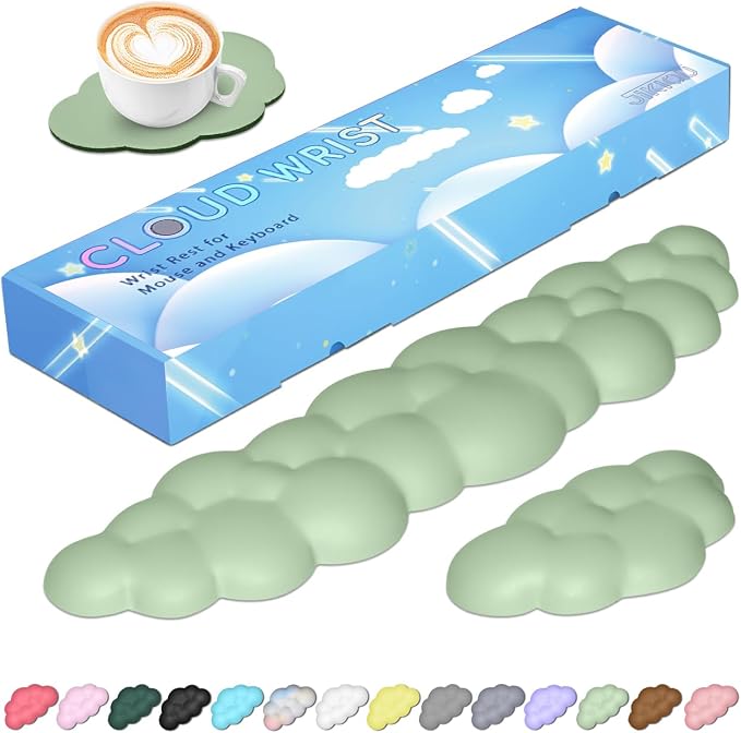 JIKIOU Upgrade Leather Cloud Wrist Rest for Keyboard and Mouse & Cup Pad | Wish Gift-Cute Cloud Shape, Comfortable and don’t Irritate to Skin, Non-Slip PU Base,Soft Memory Foam filled for Pain Relief