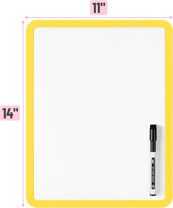 Mr. Pen- Dry Erase Board, 14” x 11” with a Black Dry Erase Marker | Yellow Frame, Small Mini White Board for Students, Fridge, Wall, Locker, Includes Double Sided Tapes