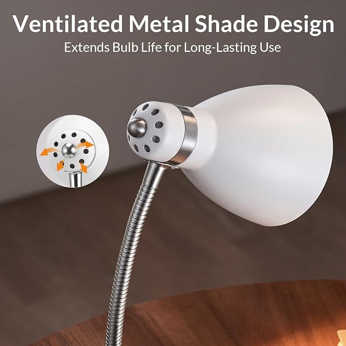 LEPOWER Metal Desk Lamp, Adjustable GooseNeck Reading Light for Bedroom | Compact & Sturdy, Space-Saving for Bedside & Dorm, E26 Table Lamp, Eye-Caring, Ideal for Study, Office, Back to School