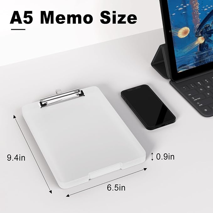 Hongri A5 Clipboard with Storage, Metal Retractable Pen Holder, Translucent | 6 x 9'' Nursing Plastic Foldable Clip Board, Size 9.4 x 6.1 x 0.9 in, Menu Box for Work, Office & School Supplies