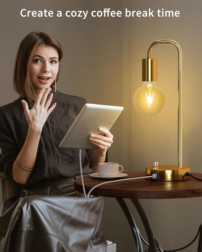 ONEWISH Industrial Table Lamp with 2 USB Port, Stepless Dimmable Nightstand Bedside Lamps for Bedroom,Desk Lamps with 2700K Gold Gradient Bulb for Reading Living Room