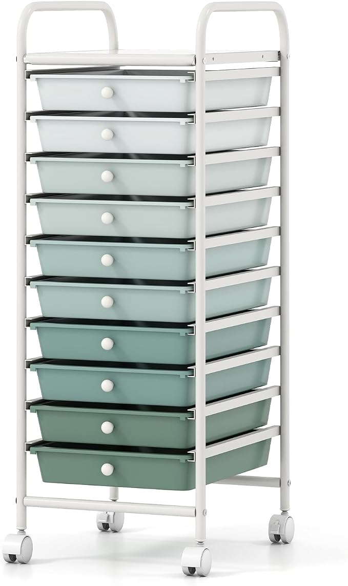Storage Cart, Rolling Utility Cart with 10 Drawers, Portable Handles & Lockable Wheels, Mobile Paper Toys Storage Organizer Large Capacity for Home Office School Teacher (Gradient Green)
