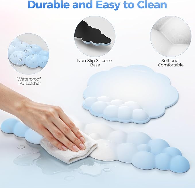 TECKNET Cloud Mouse Pad with Wrist Rest, Ergonomic Cloud Wrist Rest with Non-Slip Base, PU Leather Memory Foam Mouse Pad Wrist Support for Keyboard and Mouse, Pain Relief for Typing, Gaming, Blue