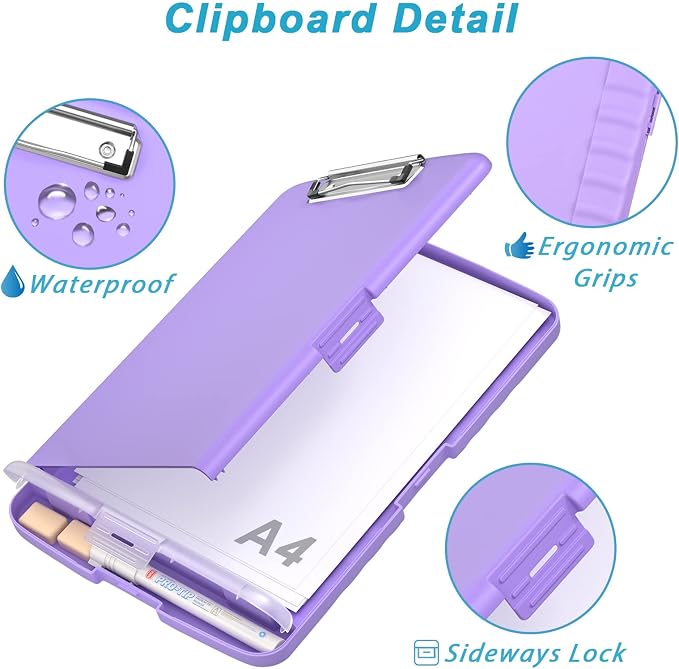 Rimilak Clipboard with Storage, 8.5 x 11'' High Capacity Clip Board, Purple | Smooth Writing, Side-Opening Plastic Folder with Pen Holder, Size 14.2 x 9.6 x 1.2″ ,for Classroom, Teacher, Student