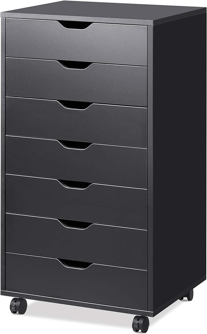 DEVAISE 7-Drawer Office File Cabinets, Mobile Craft Storage Cabinet, Black | Wood Drawer Unit, Storage Cabinet, Rolling Cart, Printer Stand, Filing Cabinet with Drawers