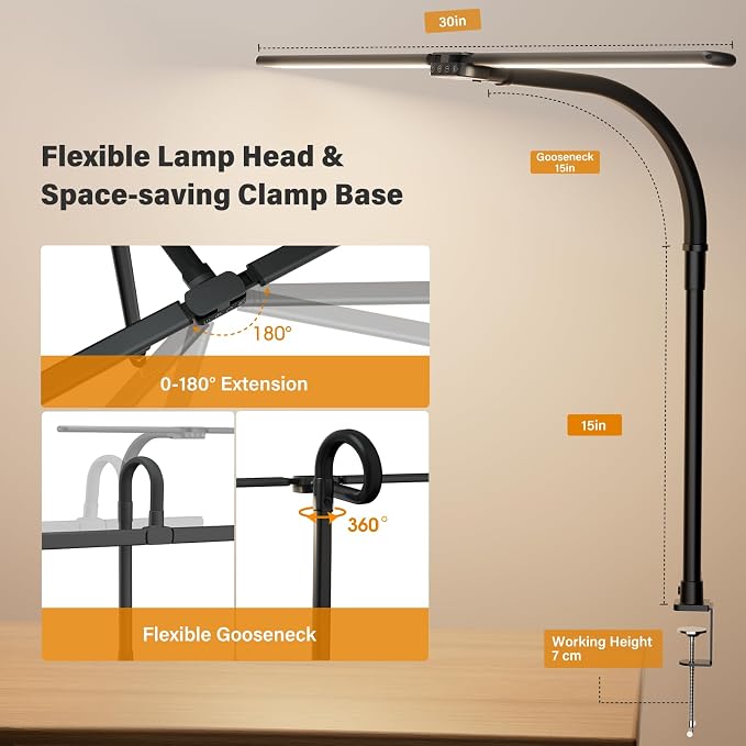 LED Desk Lamp for Home Office - Dimmable Computer Desk Light with Clamp, Modern Architect Task Lamp with Color Changing, Flexible Desktop Lamp with Gooseneck for Monitor, Double Head, Black