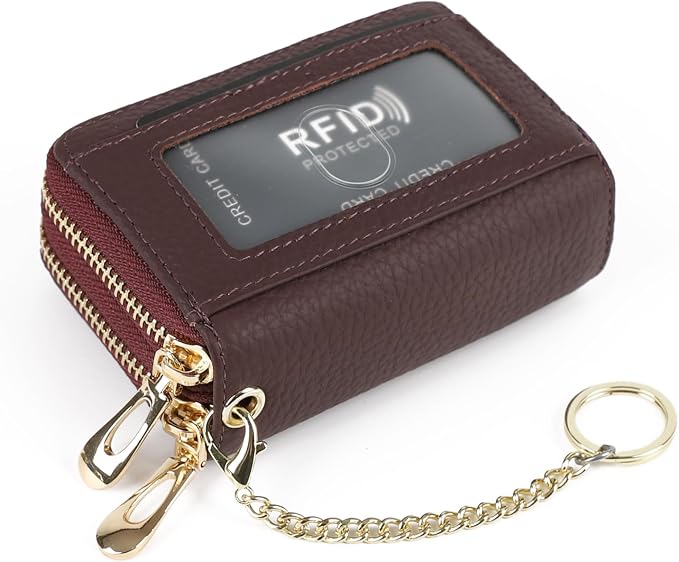 imeetu RFID Credit Card Holder, Small Card Wallet Women, Leather Card Case | Genuine Leather Women's Card & id Cases, Change Coin Purse with Zipper Keychain id Window, 20 Colors & 3 Styles, Daily, Gifts