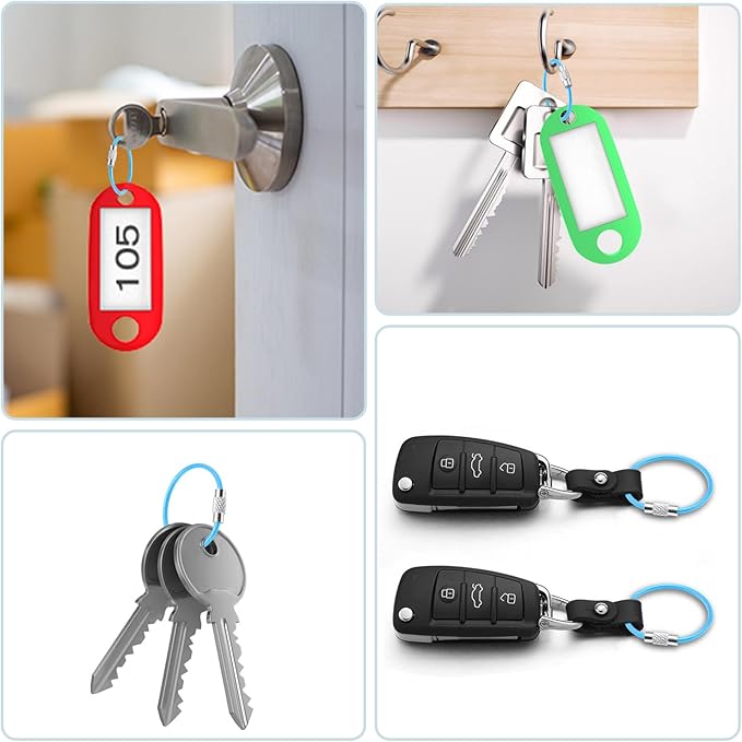 CooBigo 25 Pack Cable Key Ring 4 Inch Luggage Tag Loops Wire Key Chain Cable 2mm Key rings for Car Keys Wire Keychain Dog Tag Ring Light Blue