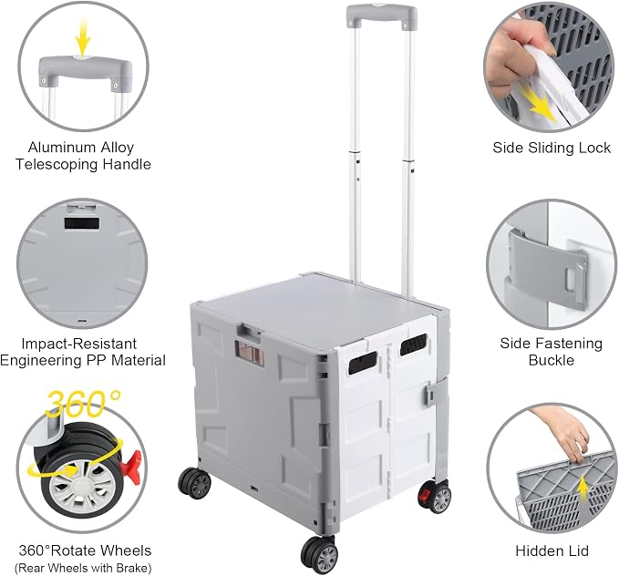 FELICON Folding Utility Cart Rolling Crate Handcart Basket Tote-Gray+White | Collapsible Hidden Lid,Plastic Box,Telescoping Handle,4 Rotate Wheels for Travel Shop Move Grocery Laundry Office Teacher Use