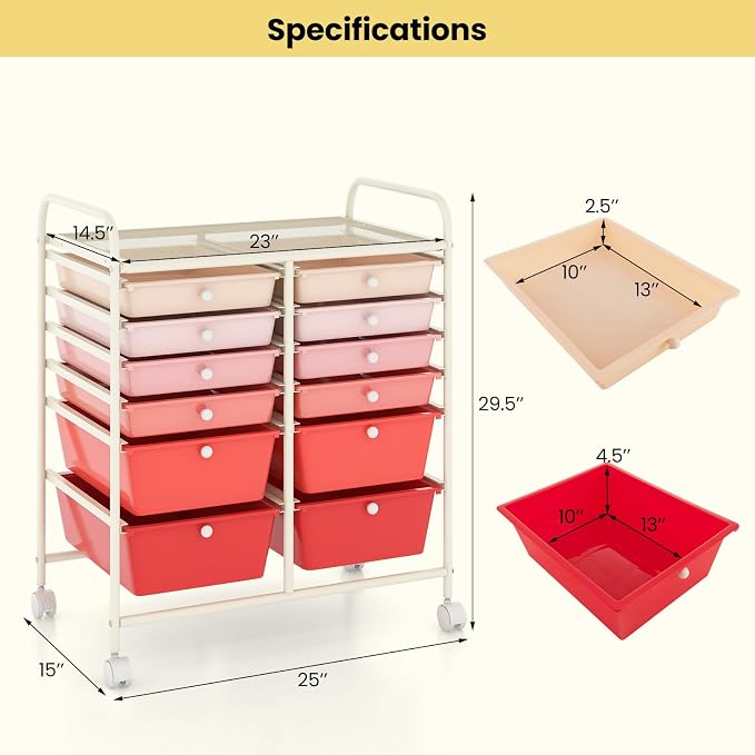 BECOMFORT 12-Drawer Rolling Cart with Drawers, Storage Cart on Wheels, Teacher Classroom Organizers with Metal Frame, Mobile Craft Cart, Trolley Utility Cart for School Office Play Room