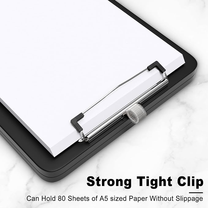 Hongri A5 Clipboard with Storage, Metal Retractable Pen Holder, Black | 6 x 9'' Nursing Plastic Foldable Clip Board, Size 9.4 x 6.1 x 0.9 in, Menu Box for Work, Office & School Supplies