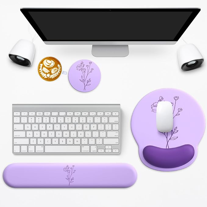 3 in 1 Ergonomic Mouse Pad and Keyboard Wrist Rest with Coaster Set-Purple | Cute Large Mousepad with Gel Wrist Support for Gaming Computer Laptop Women Office Home Desk Decor