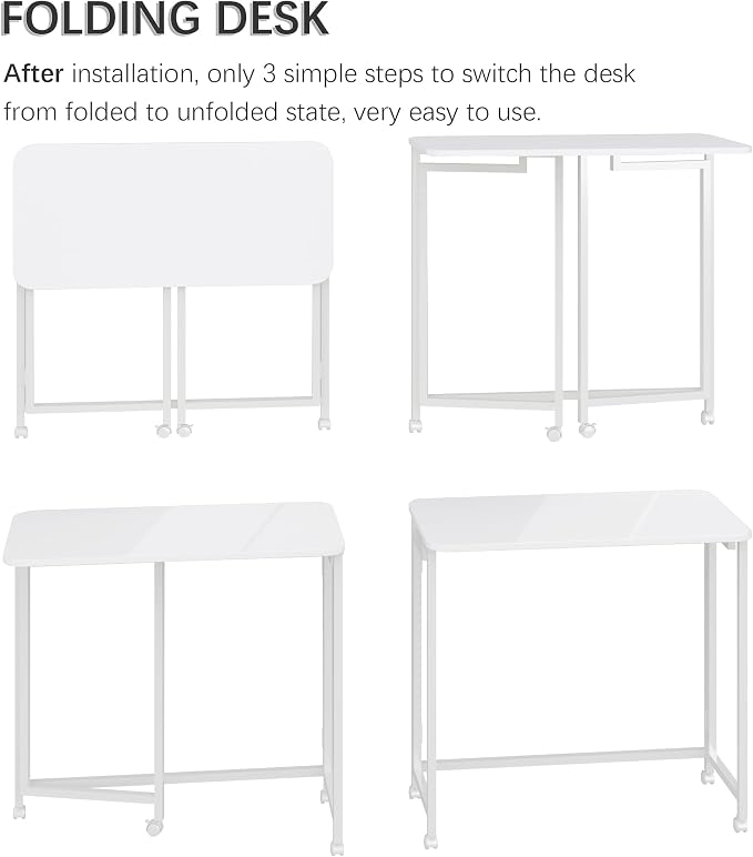 4NM 31.5" Mobile Small Rolling Computer Desk, Folding Laptop Cart Table with Wheels, Portable Office Desk for Small Space Couch Bed - All White