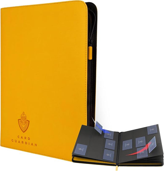 Card Guardian - 9 Pocket Premium Black Binder with Zipper for 360 Cards - Side Loading Pockets for Trading Card Games TCG (Yellow)