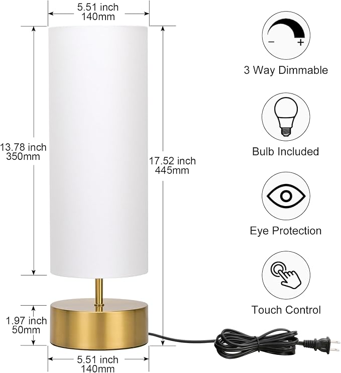 3-Way Dimmable Table Lamp, Touch Control Gold Bedside Lamp with White Shade | Modern Nightstand Touch Lamp, Simple Side Table Lamp, Night Light for Bedroom Living Room Kitchen, LED Bulb Included