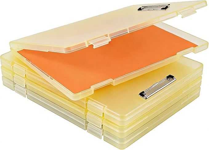 2 Pack Letter Size Clipboard with Storage 8.5 * 11, Plastic Clear Yellow Clipboard File Box A4 Nursing Clip Board for School & Office with Christmas Stickers (Clear Yellow)