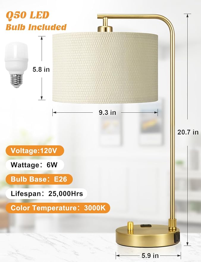 Innqoo Gold Table Lamp with Weaving lampshade, Table Lamp for Bedroom with USB Port and Outlet, Dimmable Nightstand Bedside Lamps with Linen Lampshade, Desk Lamp for Home Office, Living Room
