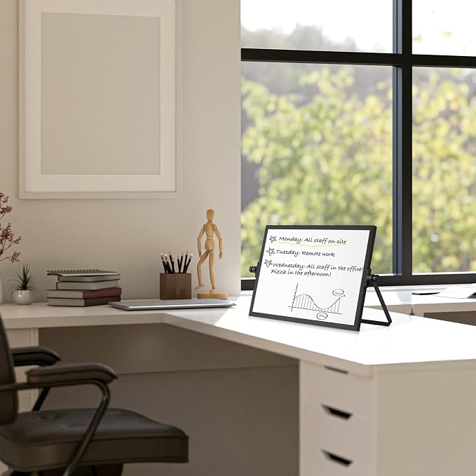 Double-Sided Magnetic White Board with Stand, 12" x 8" (Black) | Dry Erase Board with Stand, Desktop Whiteboard Easel , Portable Small White board dry erase for Drawing, Office, Home