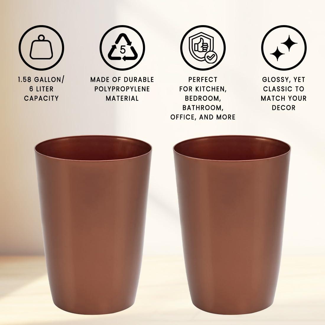 HOLDN’ STORAGE Small Trash Can - Set of 2 Open Top Waste Bin of 1.58 Gallon, Compact Waste Can Perfect for Bathroom, Kitchen, Office, Dorm - Durable Garbage Can - Copper