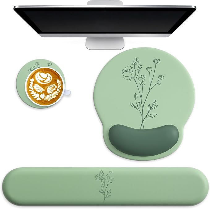 3 in 1 Ergonomic Mouse Pad and Keyboard Wrist Rest with Coaster Set-Green | Cute Large Mousepad with Gel Wrist Support for Gaming Computer Laptop Women Office Home Desk Decor