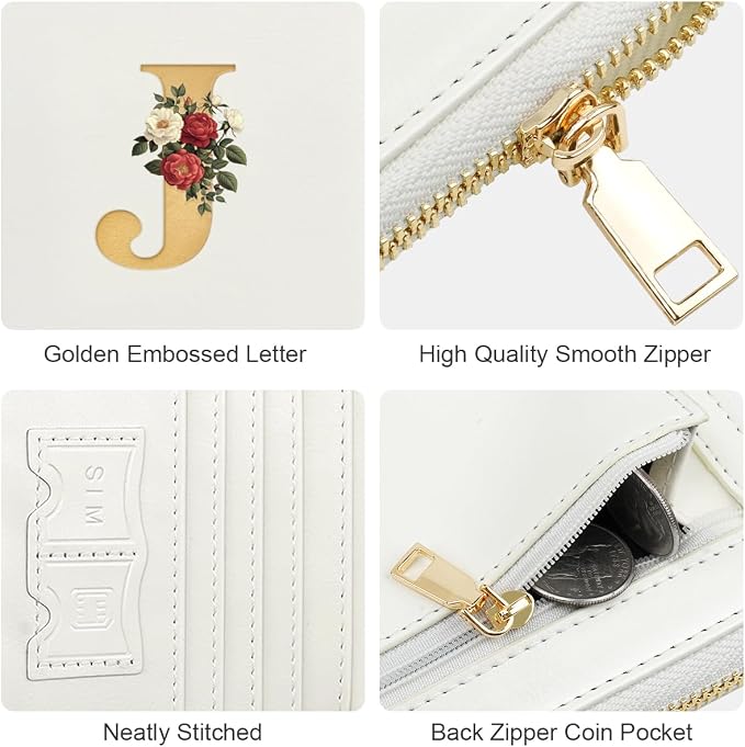 Passport Holder for Travel Personalized Wallet with Wristlet Women | All-in-One Passport Cover, RFID Blocking, Back Coin Pocket, Paper Money Slot, Zipper Closure, Roses Initial Letter, White J