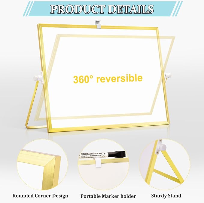 Double-Sided Magnetic White Board with Stand, 16" x 12" (Gold) | Dry Erase Board with Stand, Desktop Whiteboard Easel , Portable Small White board dry erase for Drawing, Office, Home
