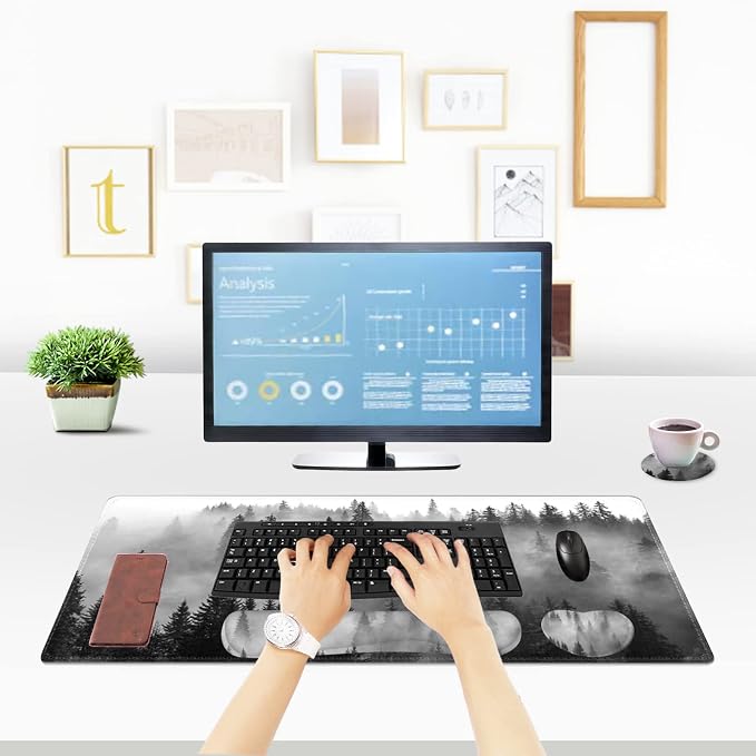 ToLuLu Extended Gaming Mouse Pad, Ergonomic Keyboard Mouse Wrist Rest Set | Large Desk Mat with Stitched Edges, Non-Slip Base Memory Foam Support Mousepad for Home Office Game Study, Tree Forests
