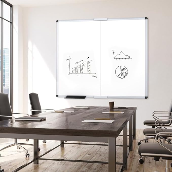 VIZ-PRO Large Magnetic Dry Erase Whiteboard, 48 x 48 Inches, Foldable | Silver Aluminum Frame, 4' x 4' Wall-Mounted White Board with Marker Tray for School Office and Home