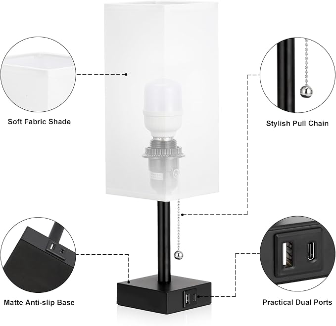Set of 2 White Bedside Table Lamps for Bedroom - Nightstand Lamp, USB C+A | Pull Chain Lamp, 3 Color Modes(3000K/4000K/5000K), E26 LED Bulb Included, Square White Fabric Lampshade, for Read, Work, Dorm