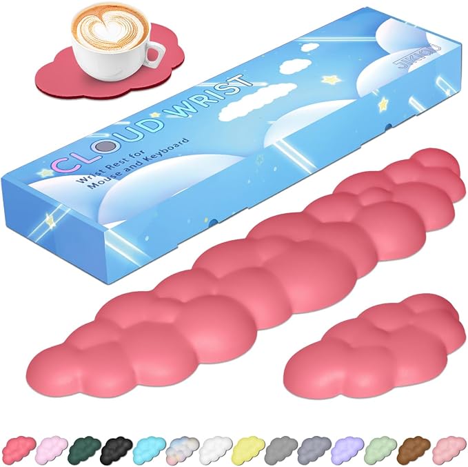 JIKIOU Upgrade Leather Cloud Wrist Rest for Keyboard and Mouse & Cup Pad | Wish Gift-Cute Cloud Shape, Comfortable and don’t Irritate to Skin, Non-Slip PU Base,Soft Memory Foam filled for Pain Relief