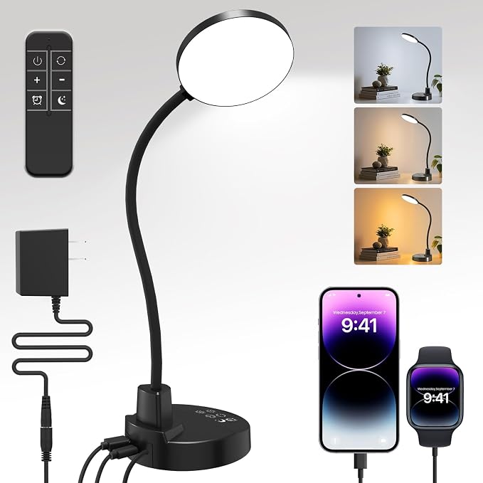 15W LED Desk Lamp with USB Charging Ports, [Button & Remote Control] Dimmable Table Lamp with 3 Color Modes, 5 Brightness Levels, 4 Timers, Flexible Reading Light for Home Office, Bedroom, Kids Study