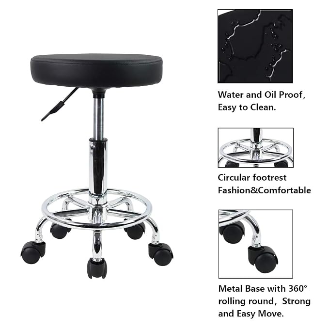 KKTONER PU Leather Round Rolling Stool with Foot Rest Swivel Height Adjustment Spa Drafting Salon Tattoo Work Office Massage Stools Task Chair Small (Black)