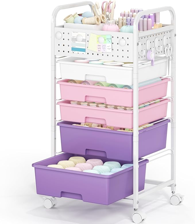 5 Drawer Rolling Storage Cart with Pegboard Top and Hooks, Dreamy Color | Mobile Organizer Cart with Wheels for Office Supplies, Craft Storage, Classroom Organization, Home Utility Cart